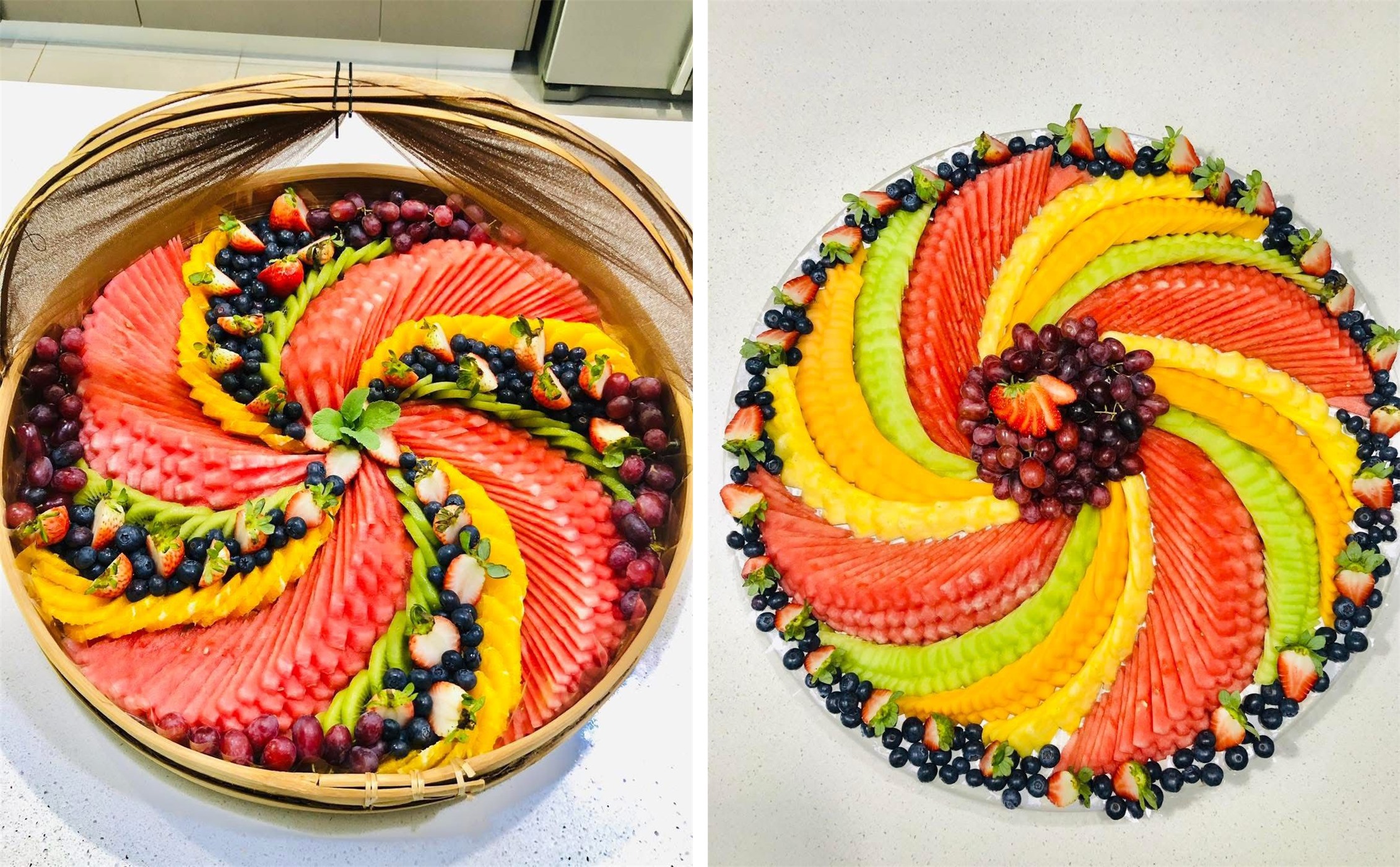 Gigantic round tray fruit platter — two design options: bamboo basket pinwheel and white-plate swirl