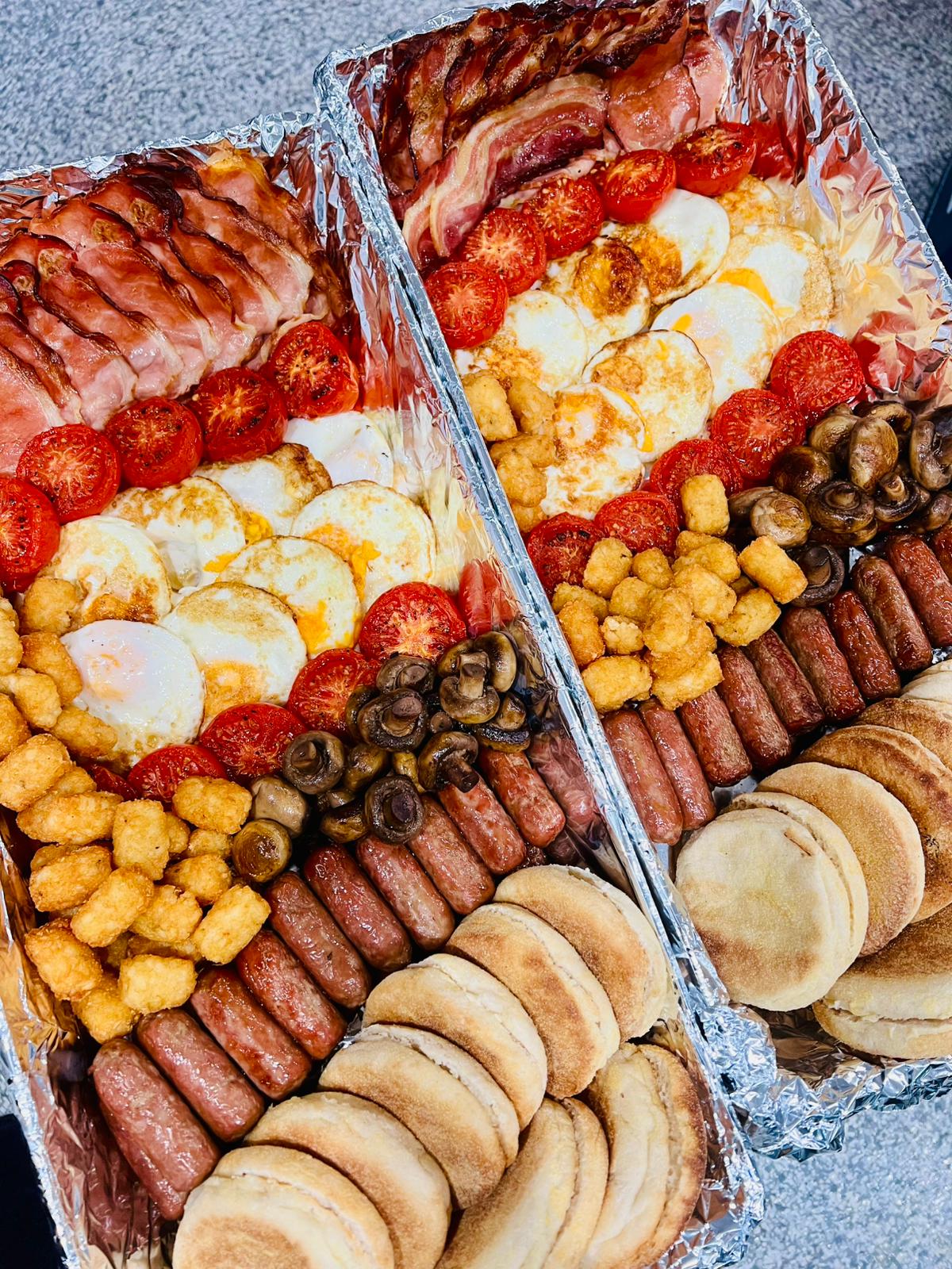 Hot Brekkie Box — Deluxe with bacon, sausages, eggs, tomatoes, mushrooms, potato gems and English muffins